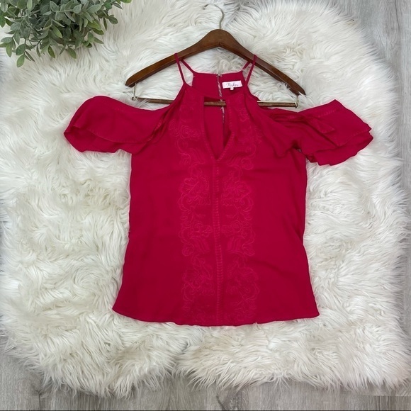 Parker Pink Floral Embroidered Off the Shoulder‎ Shirt - Picture 5 of 8